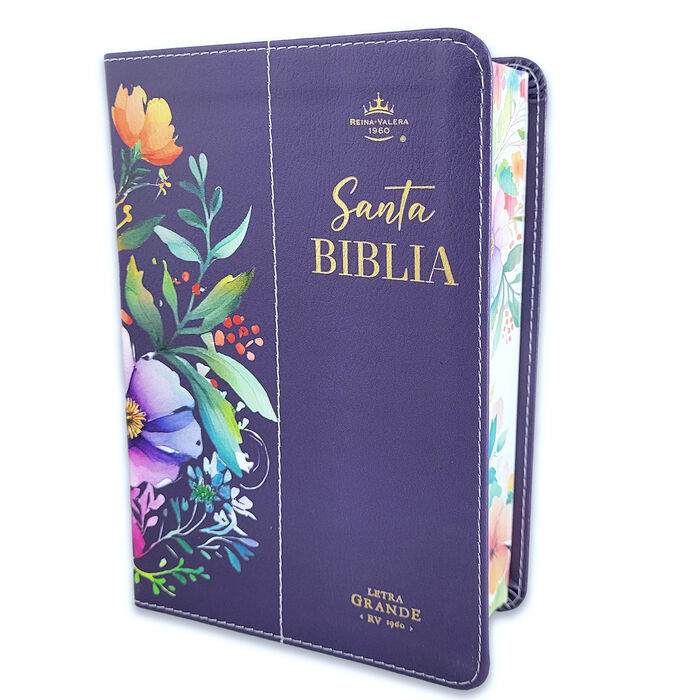 Biblia RVR60 Tamaño compacto Letra Grande 12 puntos i/piel Flores Lila canto pintado