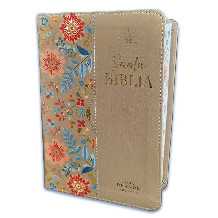 Biblia RVR60 Tamaño compacto Letra Grande 12 puntos i/piel Flores Crema canto pintado