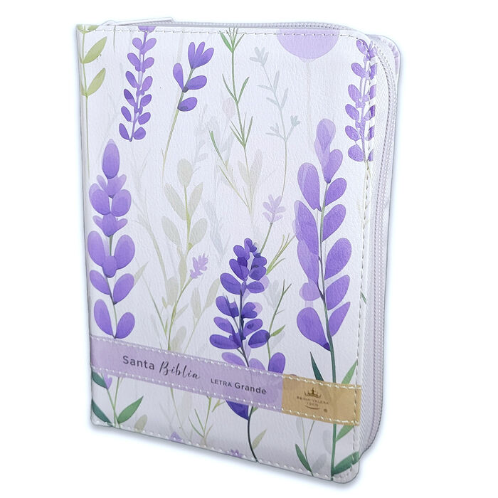 Biblia RVR60 Tamaño compacto Letra Grande 12 puntos i/piel Flores sobre lila cierre/índice Canto Pintado