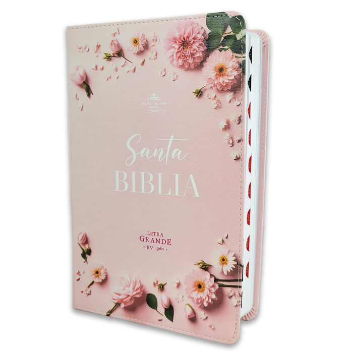 Biblia RVR60 tamaño manual letra grande i/piel flores sobre rosa con índice