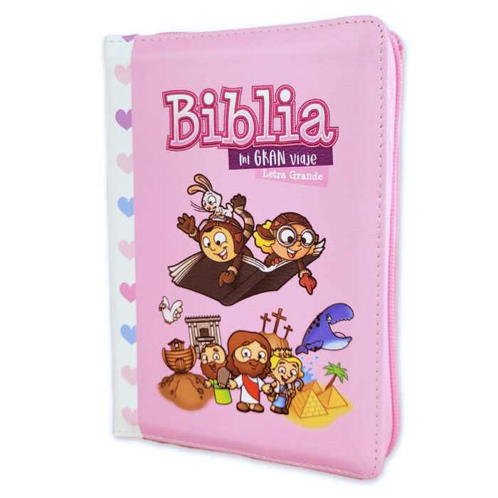 Biblia RVR60 Mi Gran Viaje pórtatil Letra Grande i/piel con cierre Rosa Corazones