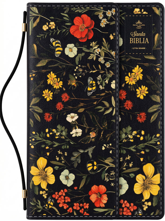 Biblia RVR60 Tamaño manual con broche y asa. Floral sobre negro